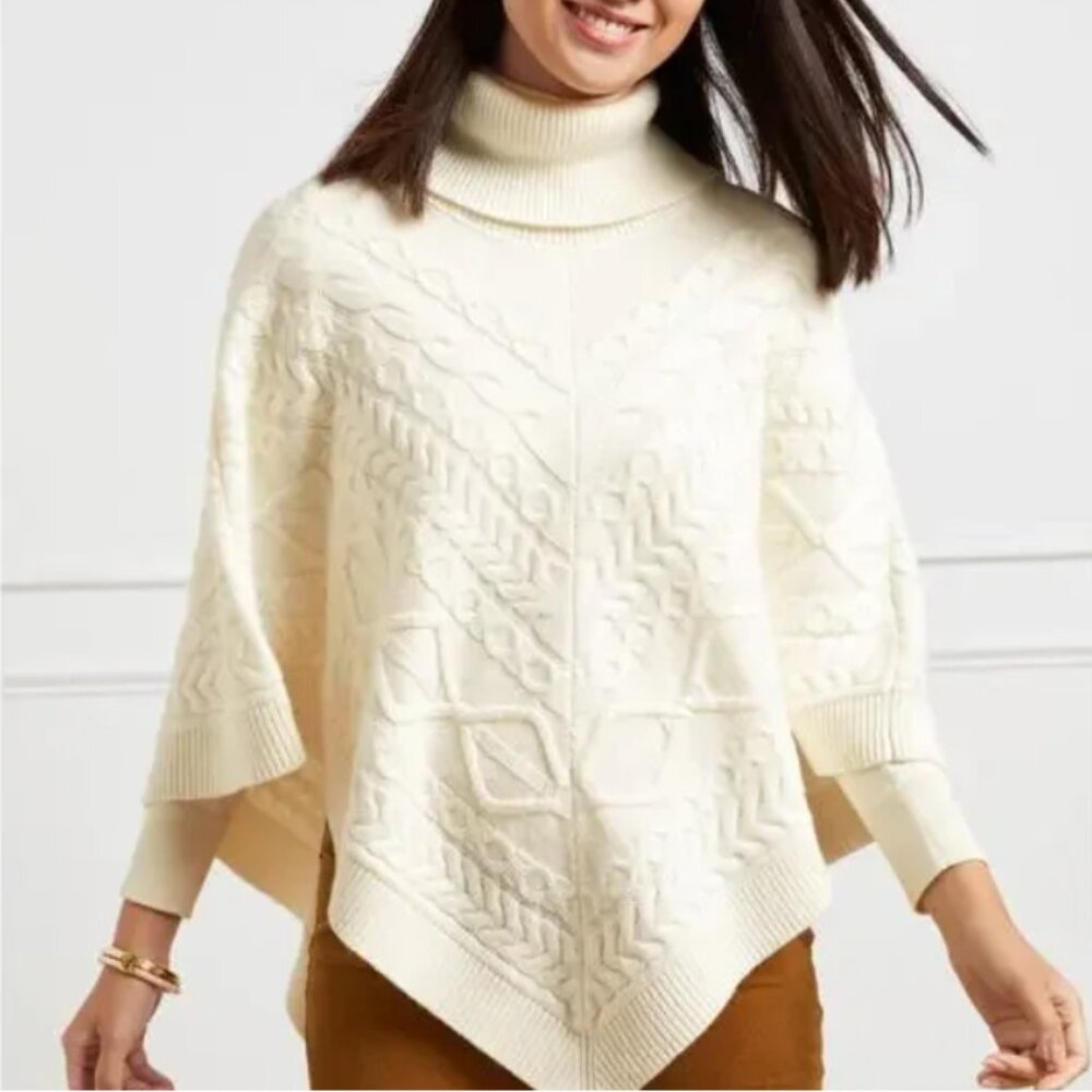 Talbots Size M Ivory Cable Knit Cowl Neck Triangle Poncho Sweater Cotton Blend